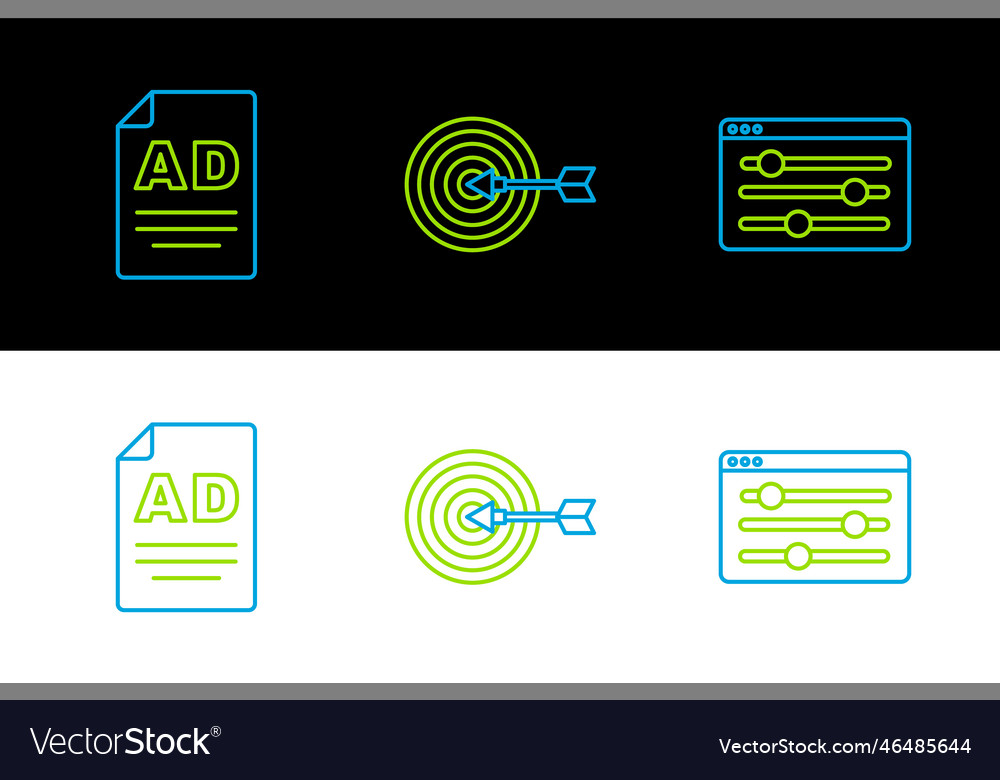 Set line browser setting advertising and target vector image Set line browser setting advertising and target