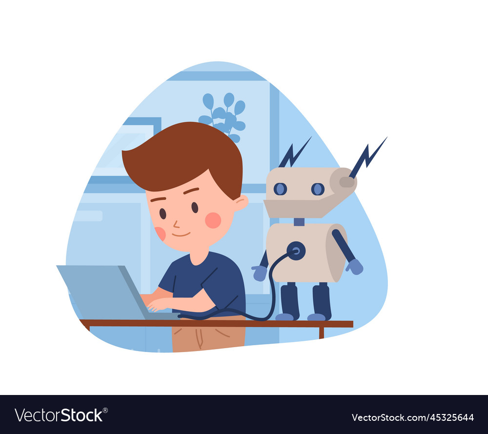 Smiling kid boy programming robot connected vector image Smiling kid boy programming robot connected