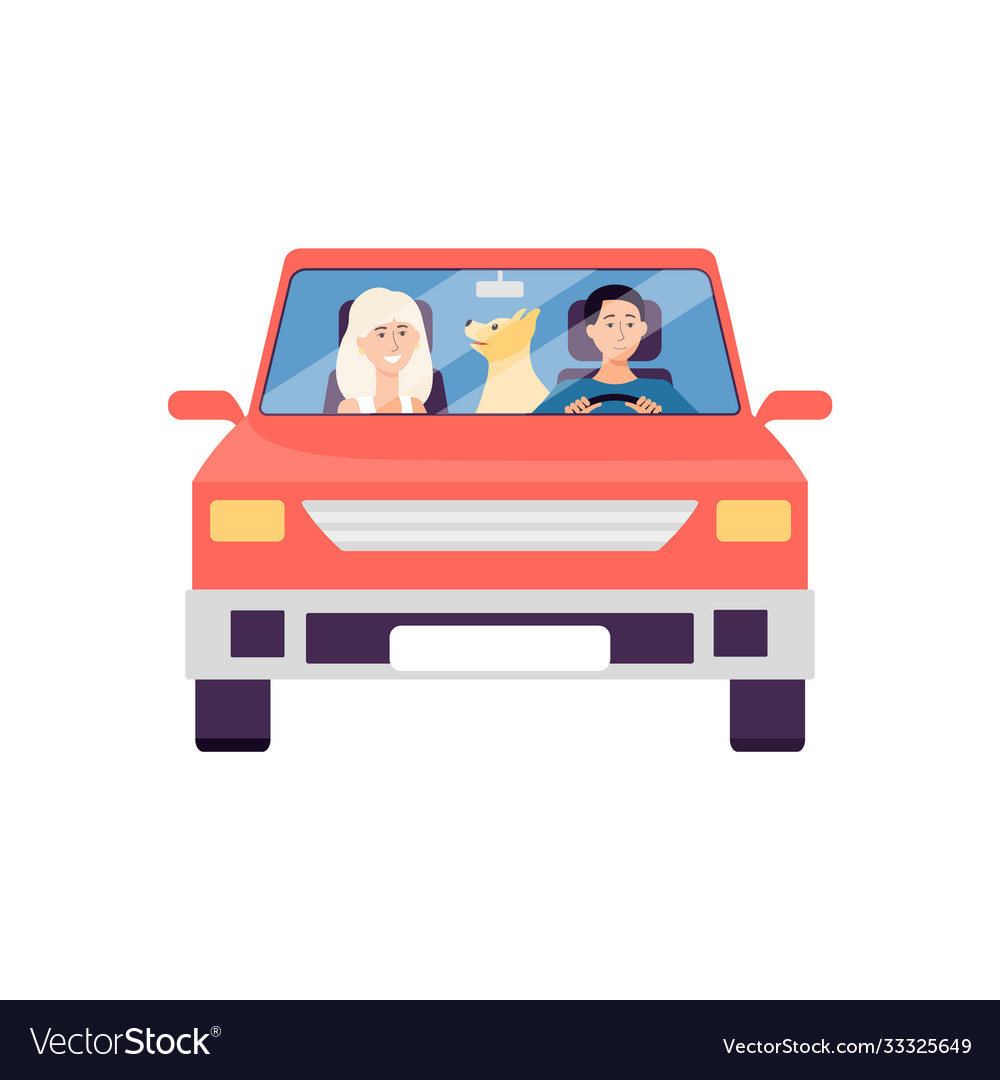 Cartoon couple sitting in red car with pet dog