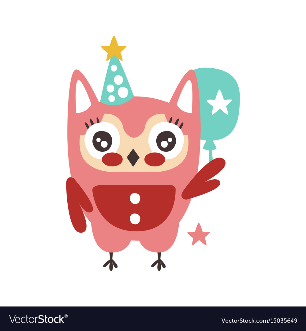 Cute Cartoon Owl Bird In A Party Hat With Balloon Vector Image