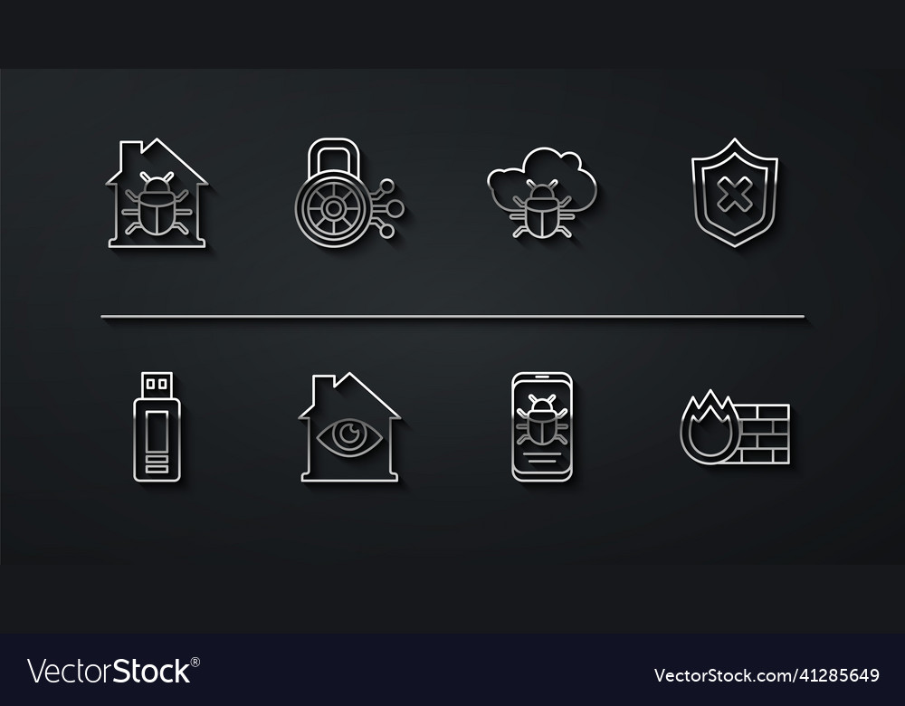 Set line house system bug usb flash drive shield vector image Set line house system bug usb flash drive shield