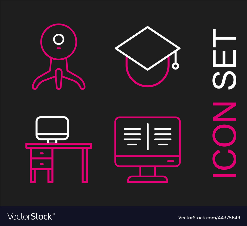 Set line online book on monitor computer and desk vector image Set line online book on monitor computer and desk