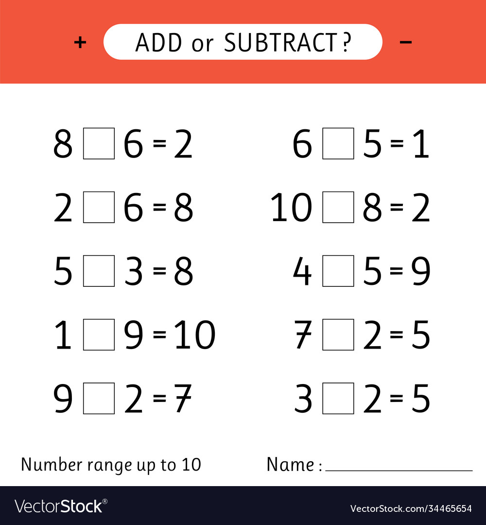 Add or subtract number range up to 10 Royalty Free Vector