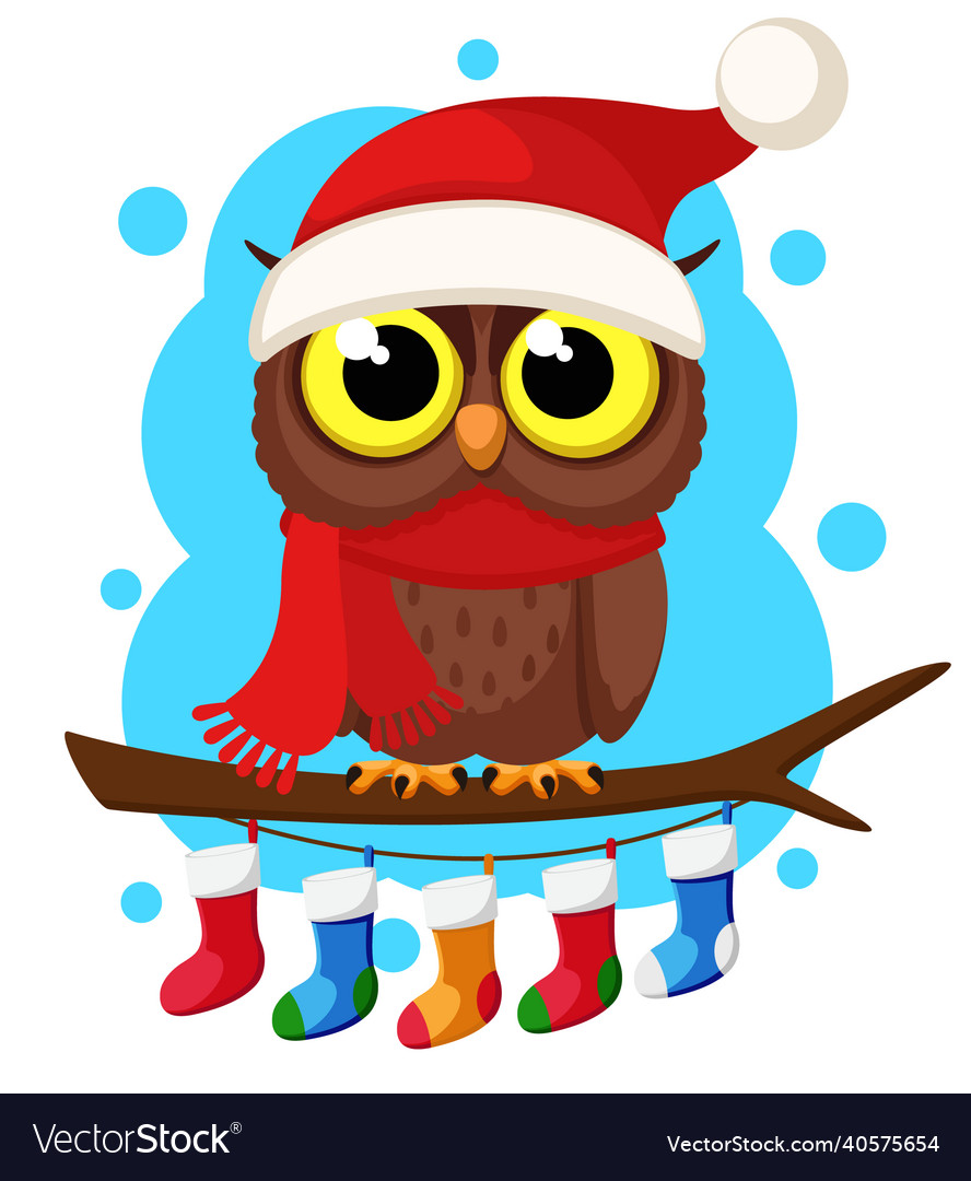 An owl in a scarf and a hat sits on a branch Vector Image