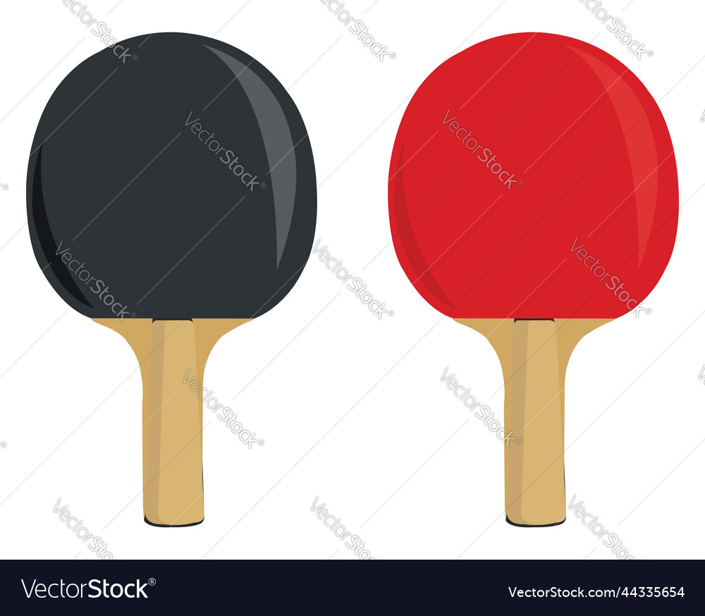 Black and red ping pong rackets on a white