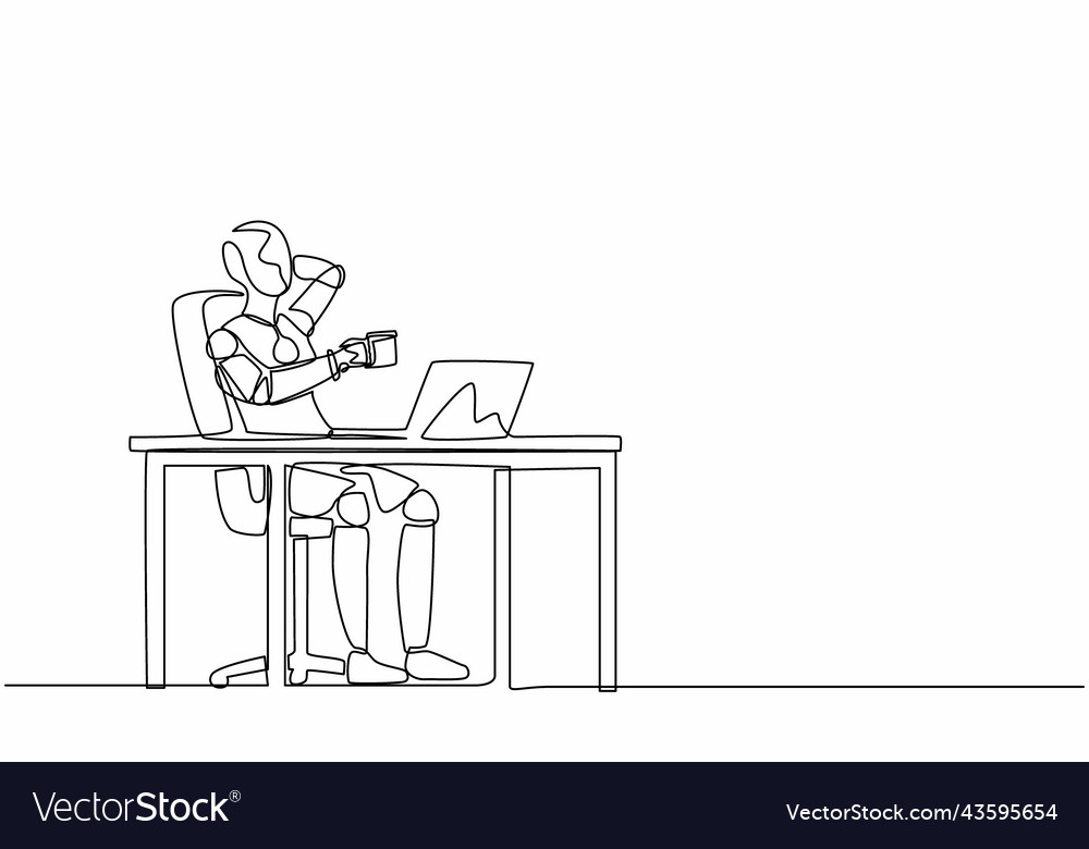 Continuous one line drawing robot relaxed at desk vector image Continuous one line drawing robot relaxed at desk