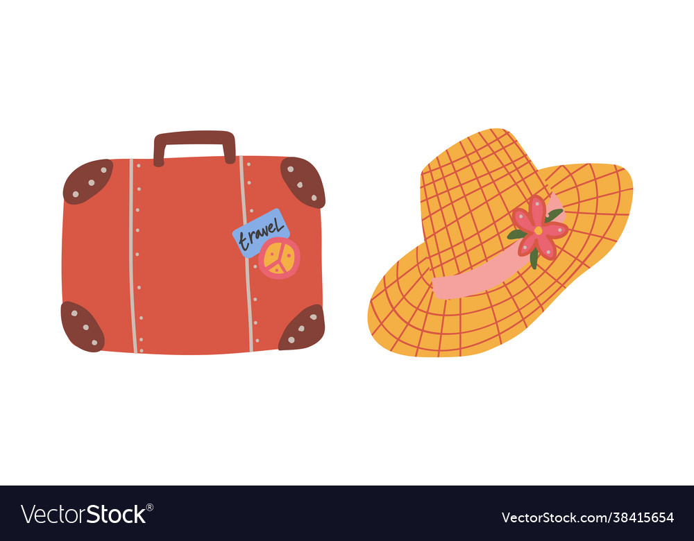 Luggage or trunk and straw hat as travel