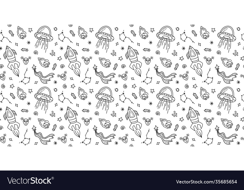 Space black and white doddle seamless pattern