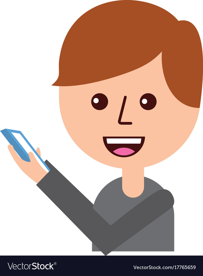 Cartoon boy holding mobile phone device Royalty Free Vector Cartoon boy holding mobile phone device Royalty Free Vector