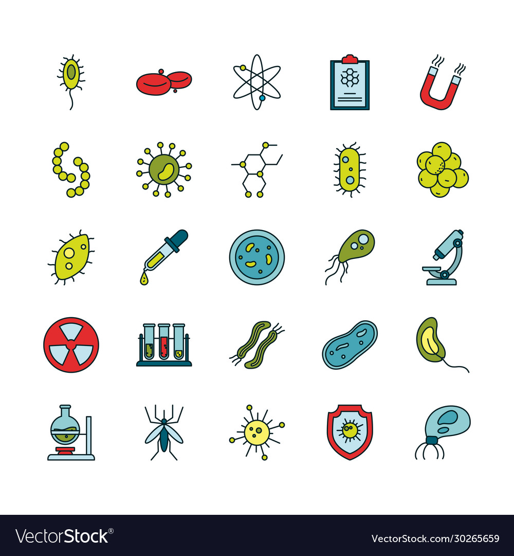 Isolated virus line and fill style icon set