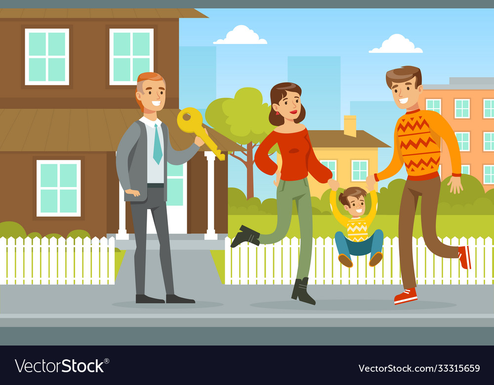 man-selling-or-renting-house-to-family-couple-vector-image