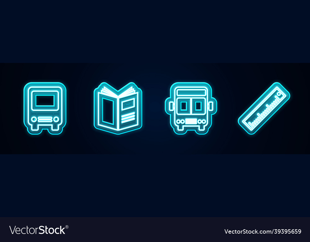 Set line bus open book and ruler glowing neon