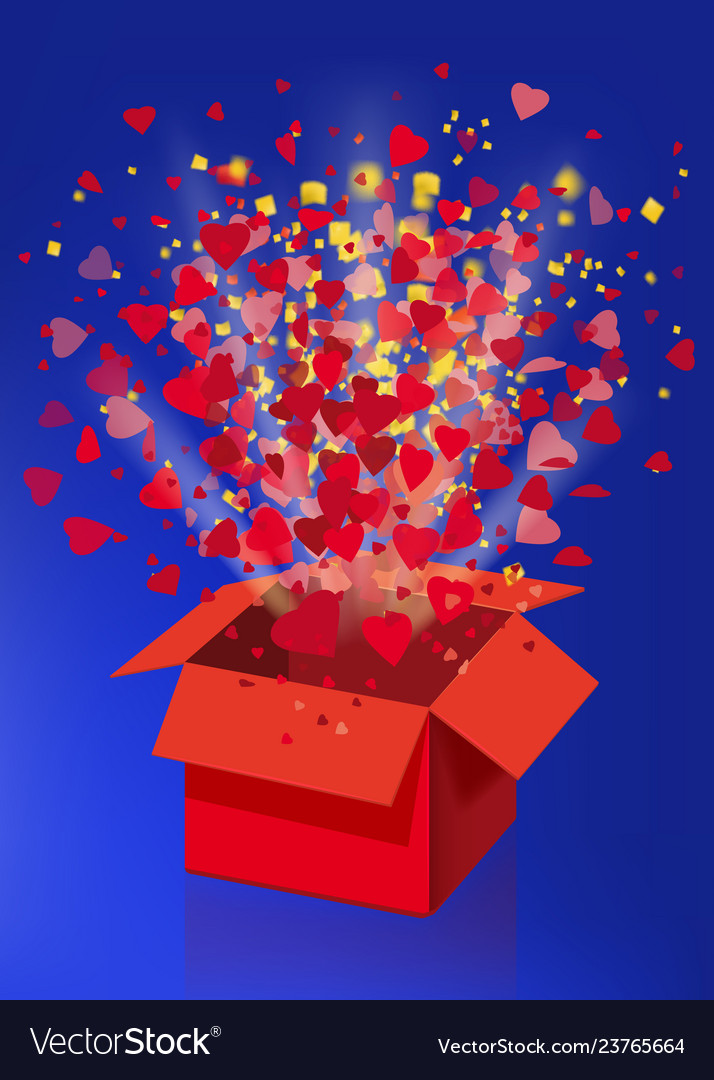 Open explosion red gift box fly hearts