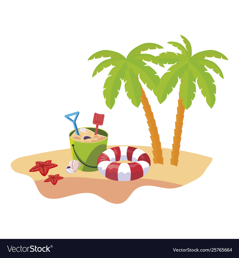 Summer beach scene with tree palms and float