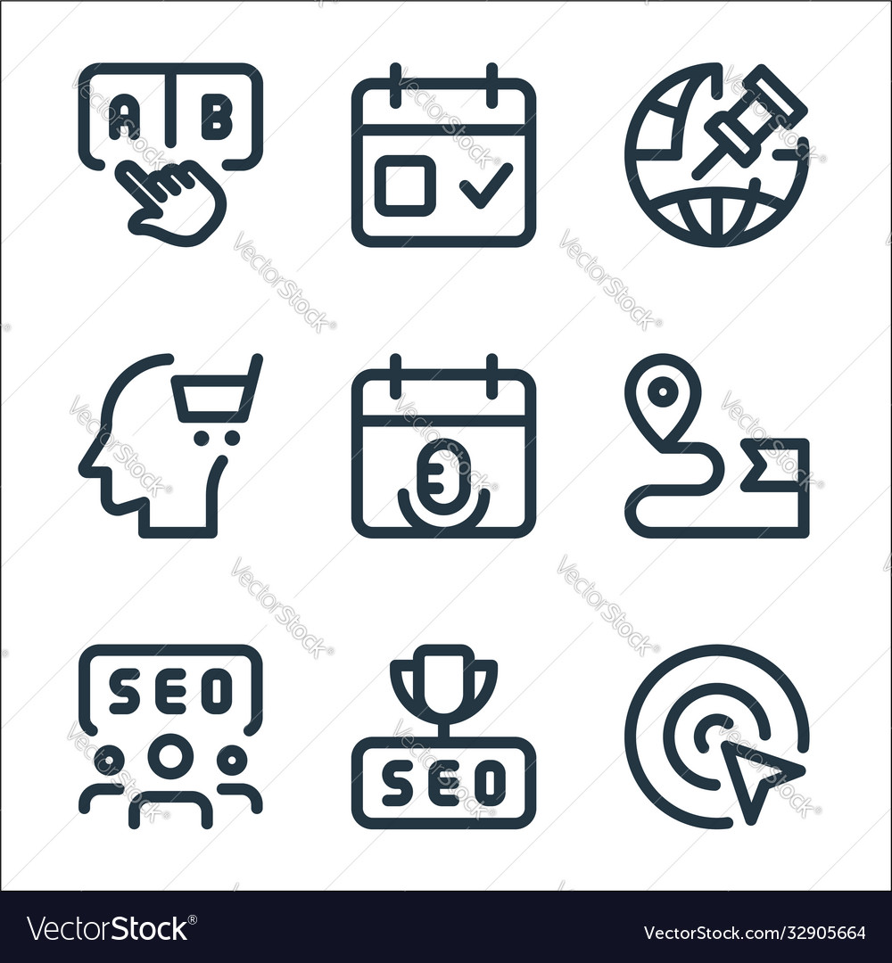 Web apps seo line icons linear set quality vector image Web apps seo line icons linear set quality