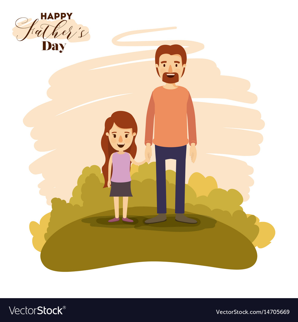 Colorful card of landscape with dad and daugther