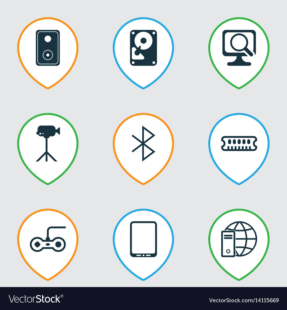 Set of 9 computer hardware icons includes