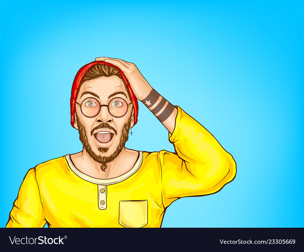 Pop art vector illustration of hipster man with wow surprised face