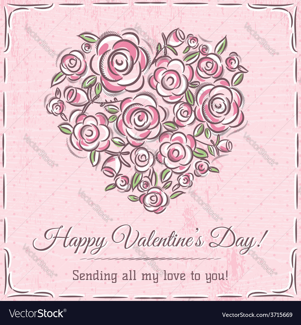 Valentine card with heart of flowers and wishes te