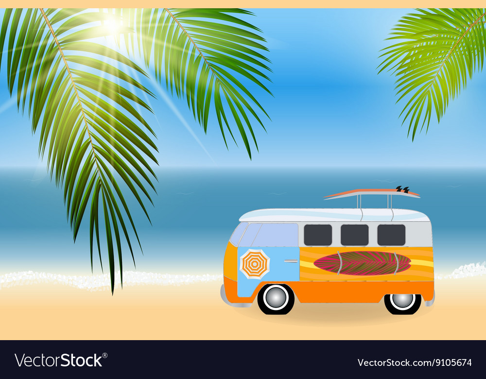 Cartoon van with surfboards standing in the road Vector Image