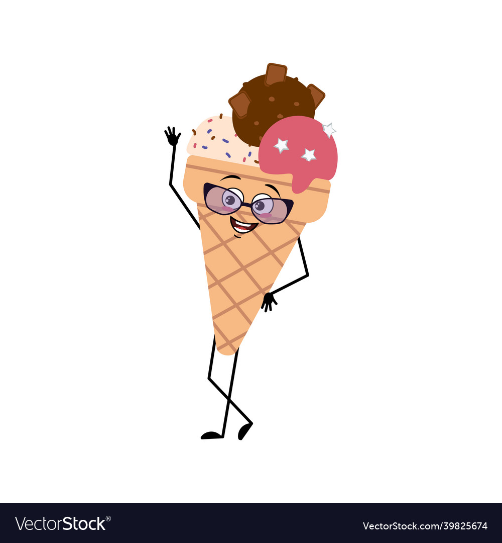 Cute ice cream character with glasses and joyful