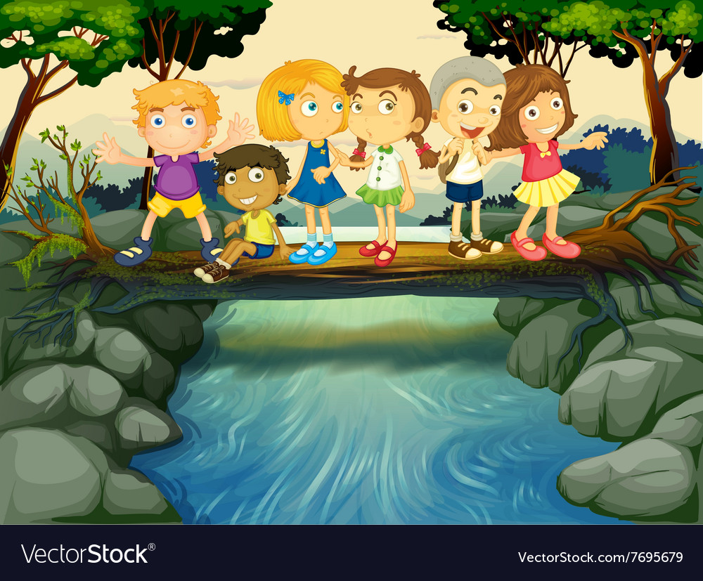 Children having fun by the river Royalty Free Vector Image