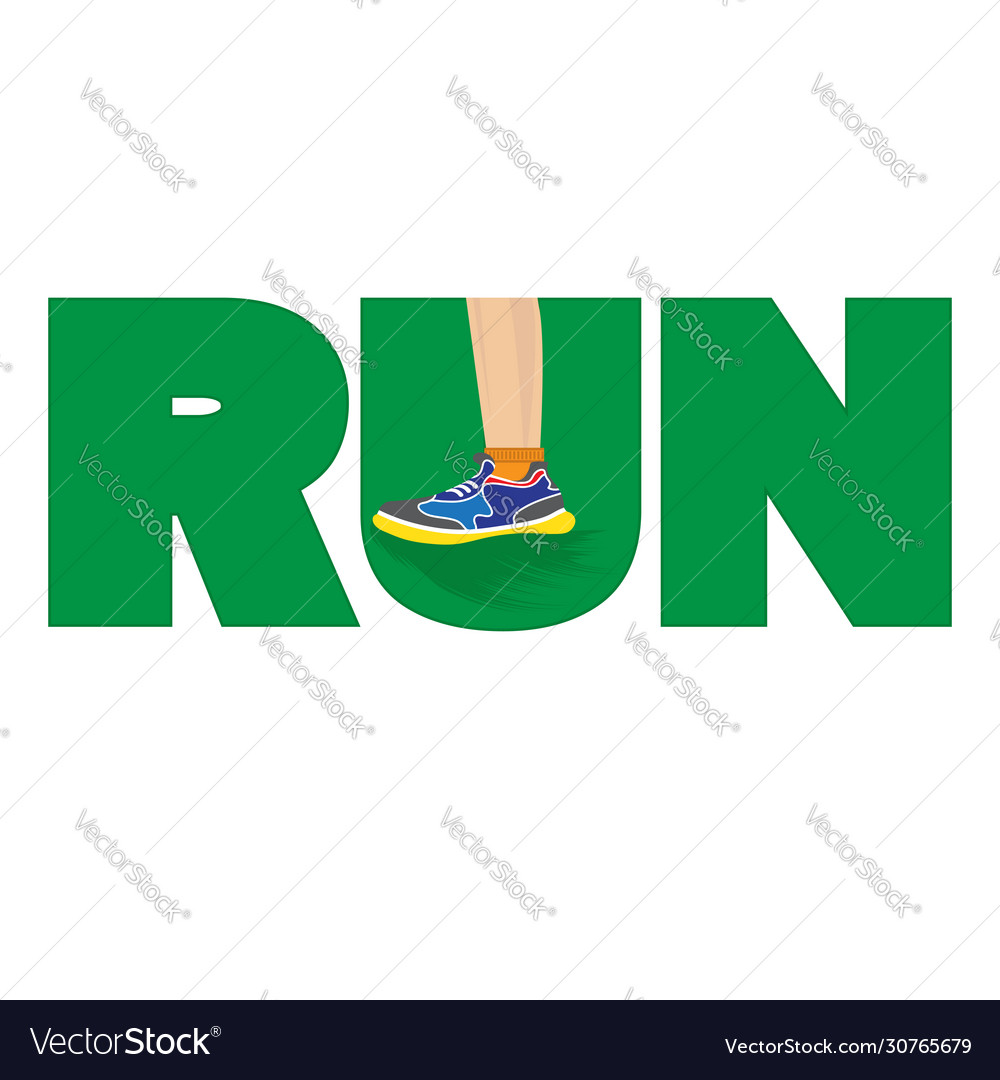 Green run text and running shoes isolated on white