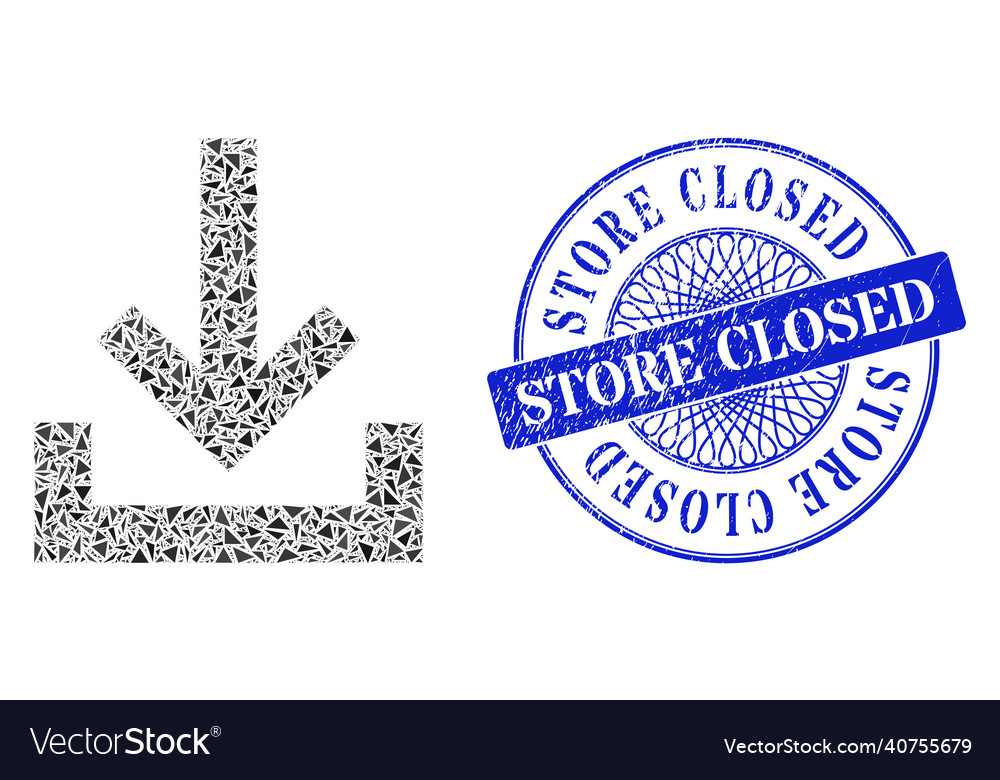 Grunge store closed badge and triangle inbox vector image Grunge store closed badge and triangle inbox