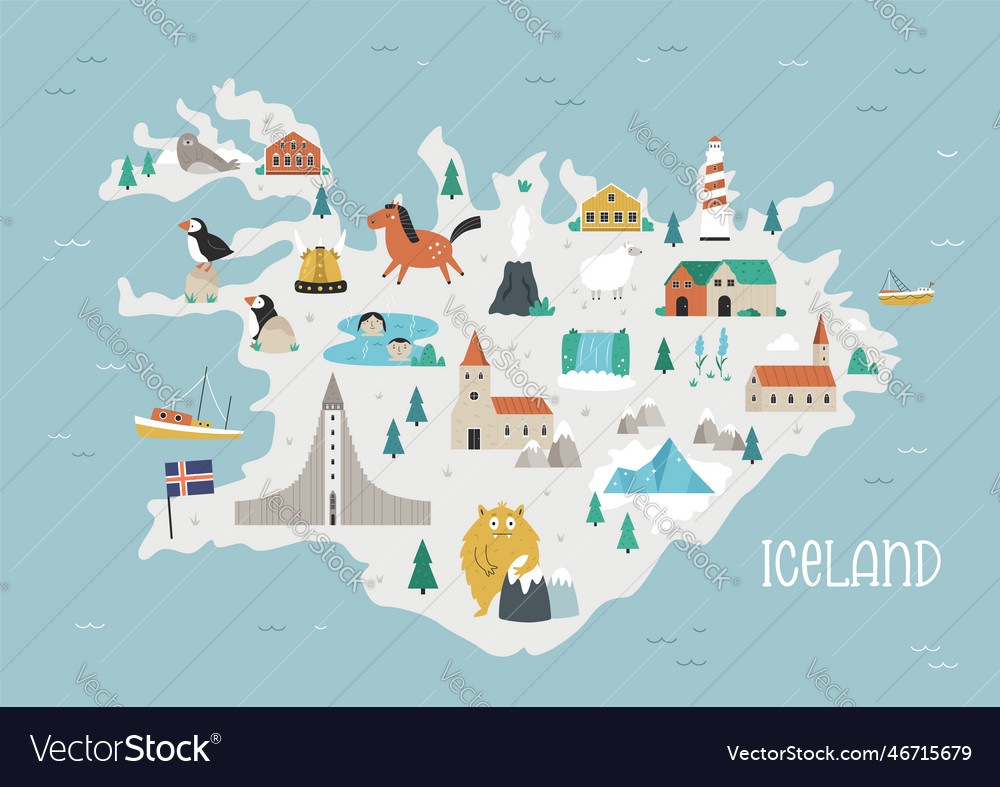 Iceland map with famous Royalty Free Vector Image