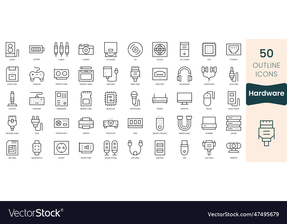 Set of hardware icons thin linear style pack vector image Set of hardware icons thin linear style pack
