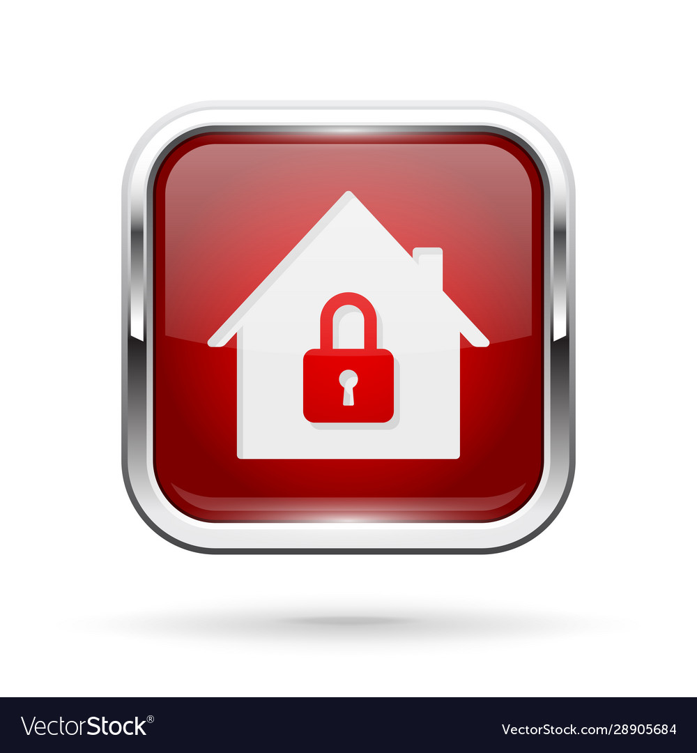 Closed icon red shiny 3d button with metal frame
