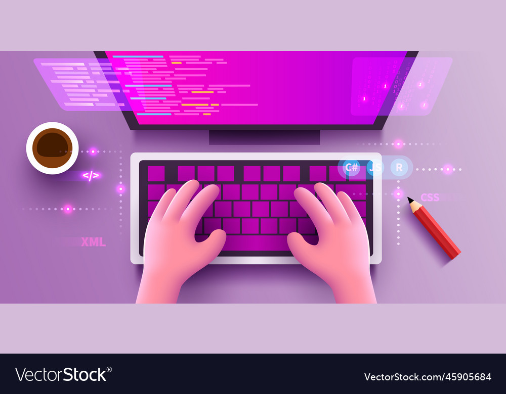 Cute 3d human hands work on a computer keyboard Vector Image Cute 3d human hands work on a computer keyboard
