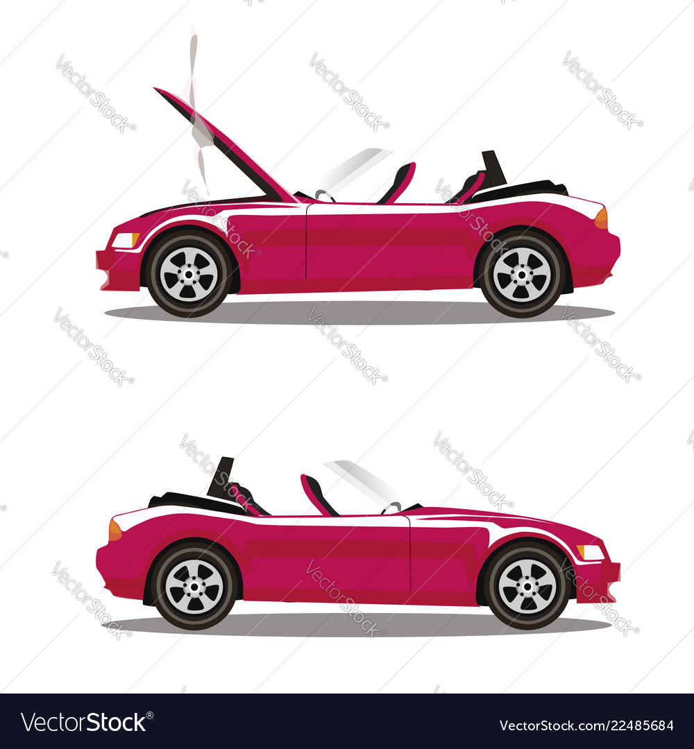 Set aus gebrochenem Cartoon rosa Cabrio Sportwagen