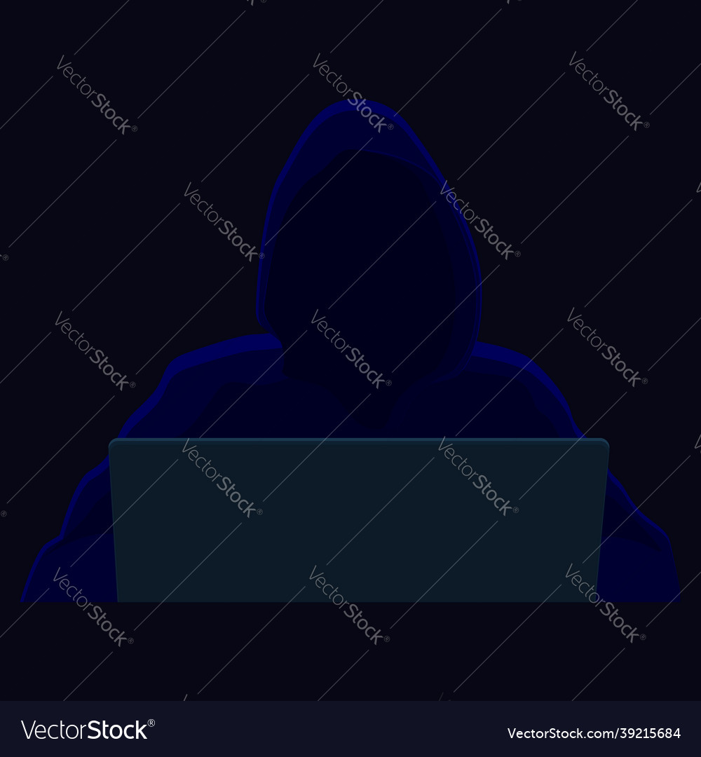 Silhouette of hacker and laptop computer isolated vector image Silhouette of hacker and laptop computer isolated