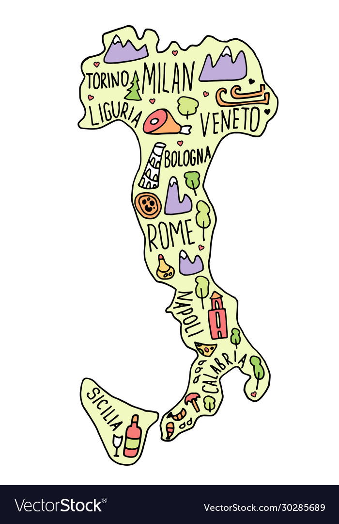 Colored hand drawn doodle italy map italian city