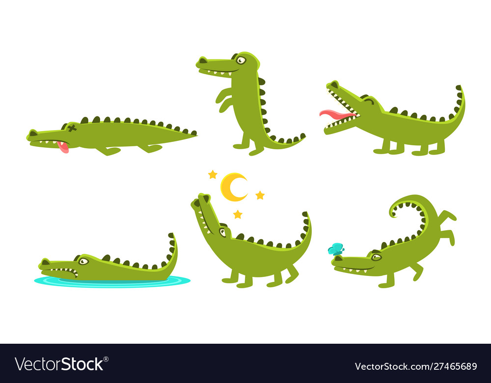 Crocodile Cartoon Character In Different Poses Set