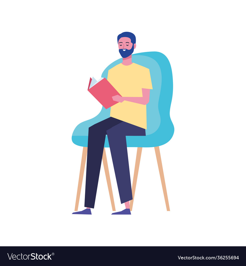 Male reader reading book seated in chair character