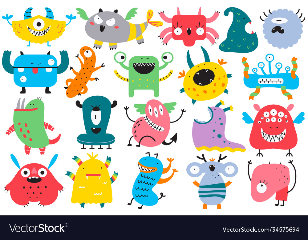 Monsters doodle set vector image Monsters doodle set