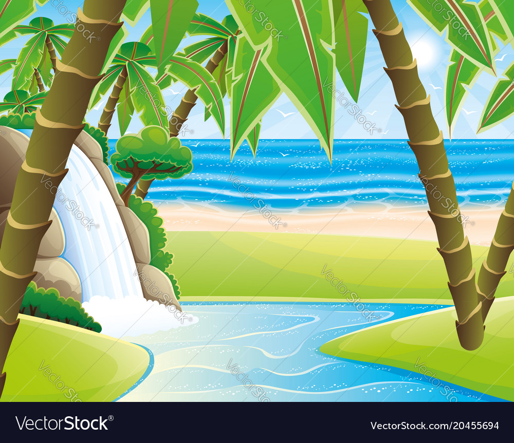 Waterfall and palm trees