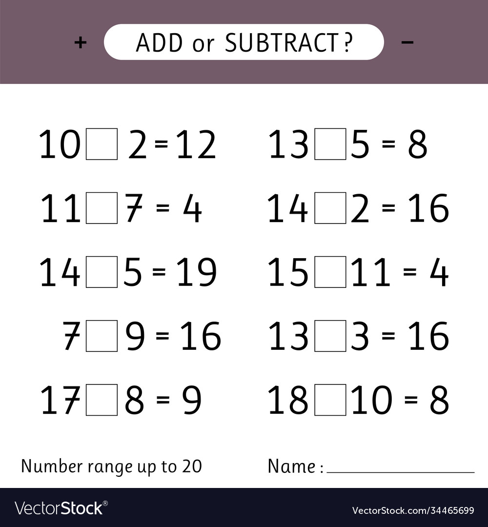 Add or subtract number range up to 20 worksheet