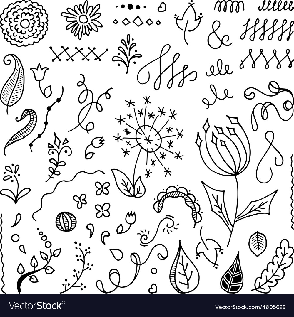 Set of hand drawn floral doodle elements