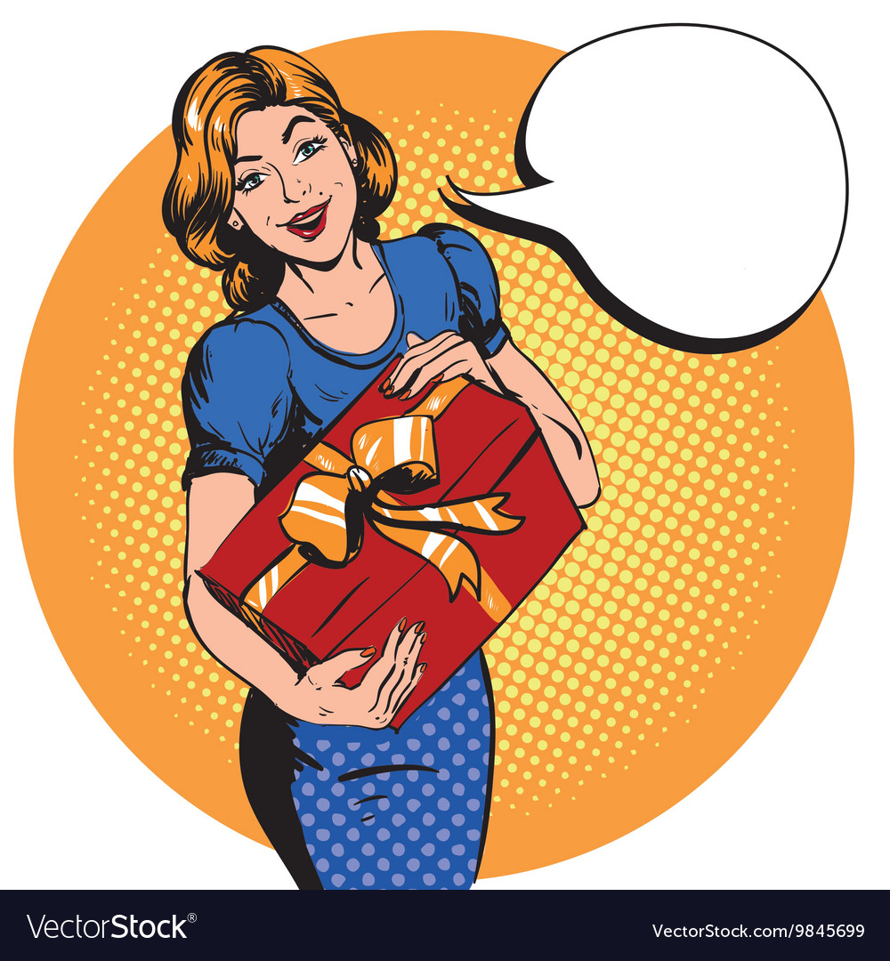 Woman hold gift box thank you speech bubble