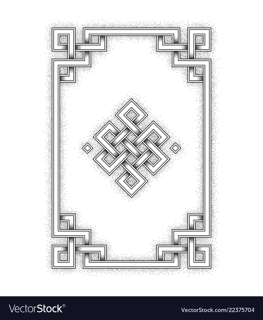 Engraving of endless knot symbol on white