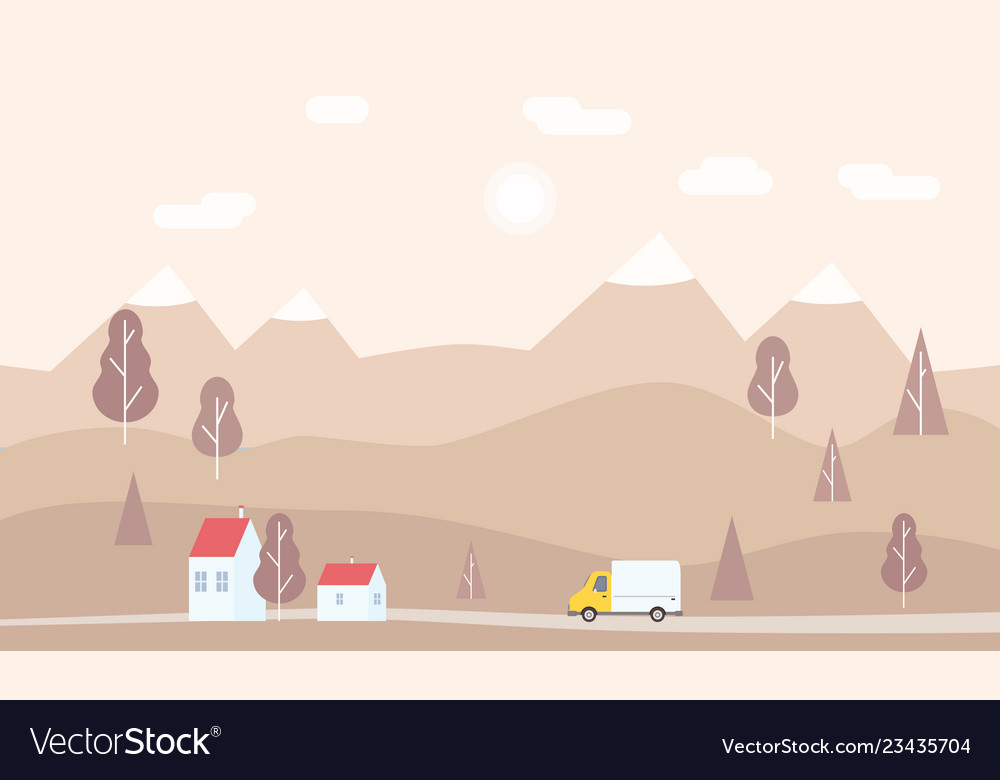 Minimalistic landscape of mountains trees houses