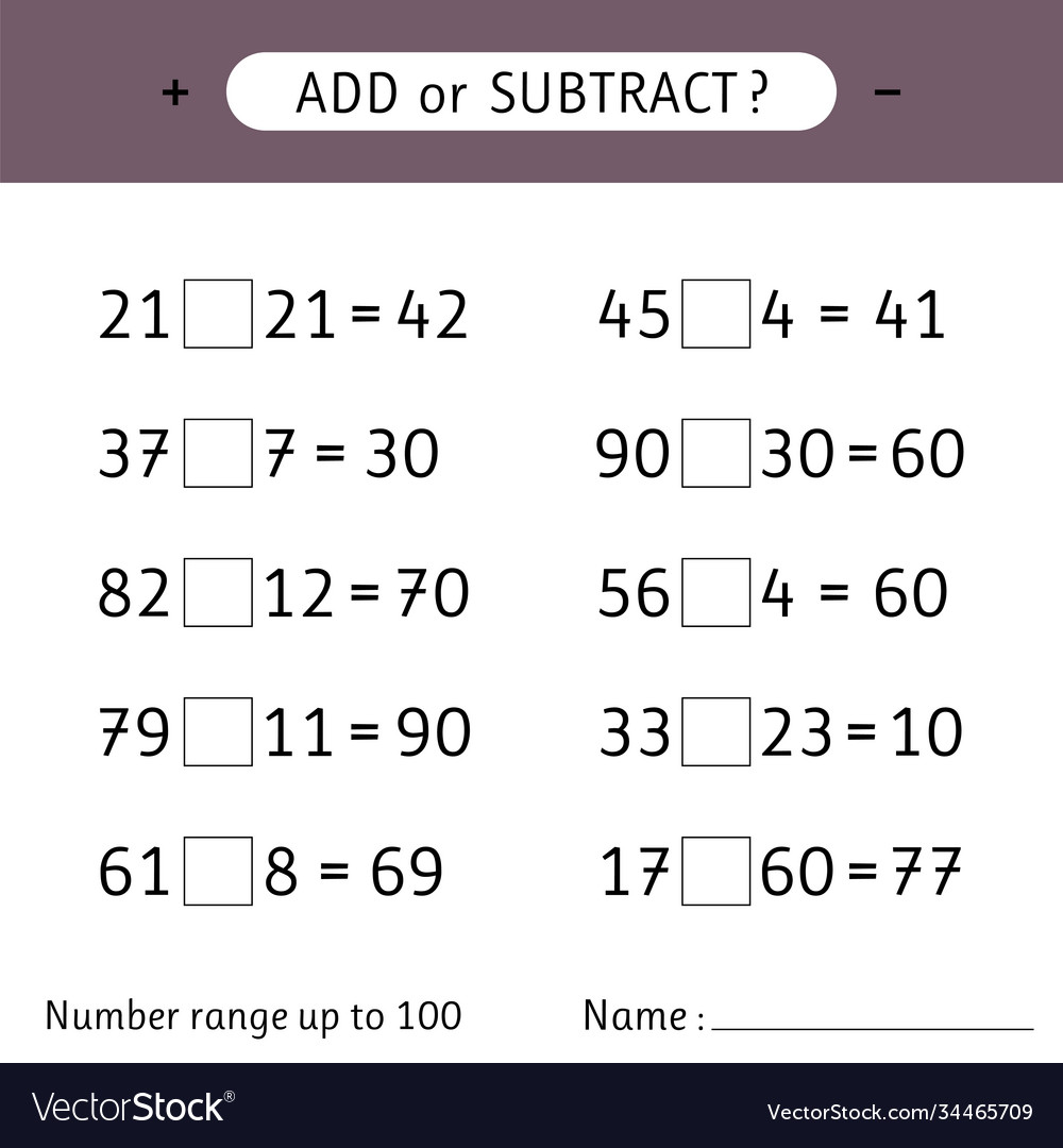 Add or subtract number range up to 100 addition Vector Image