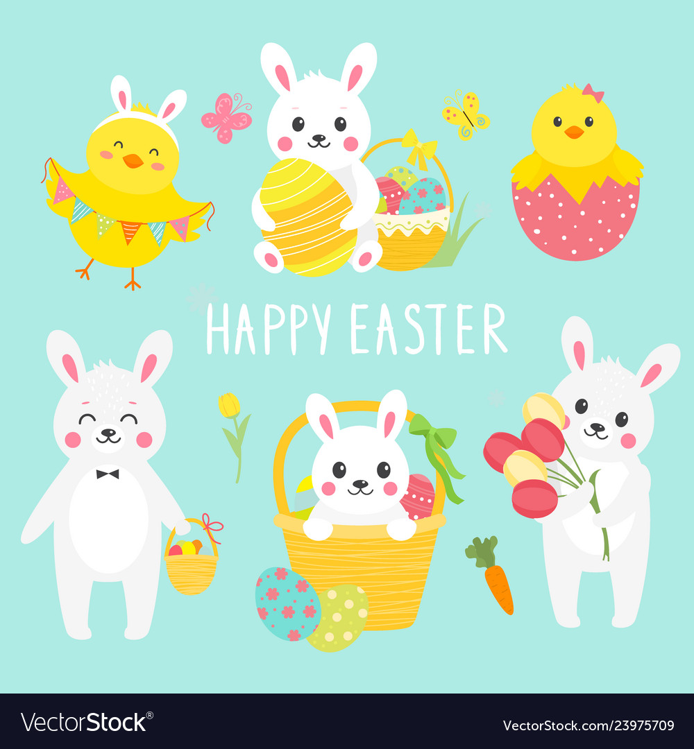 Collection of cute easter chicken and bunny Vector Image