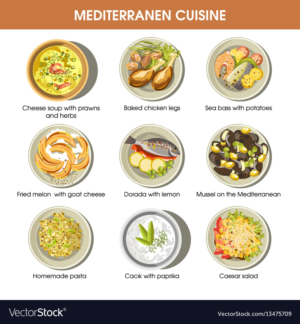 Mediterranean Cuisine Dishes Icons Set For Vector Image