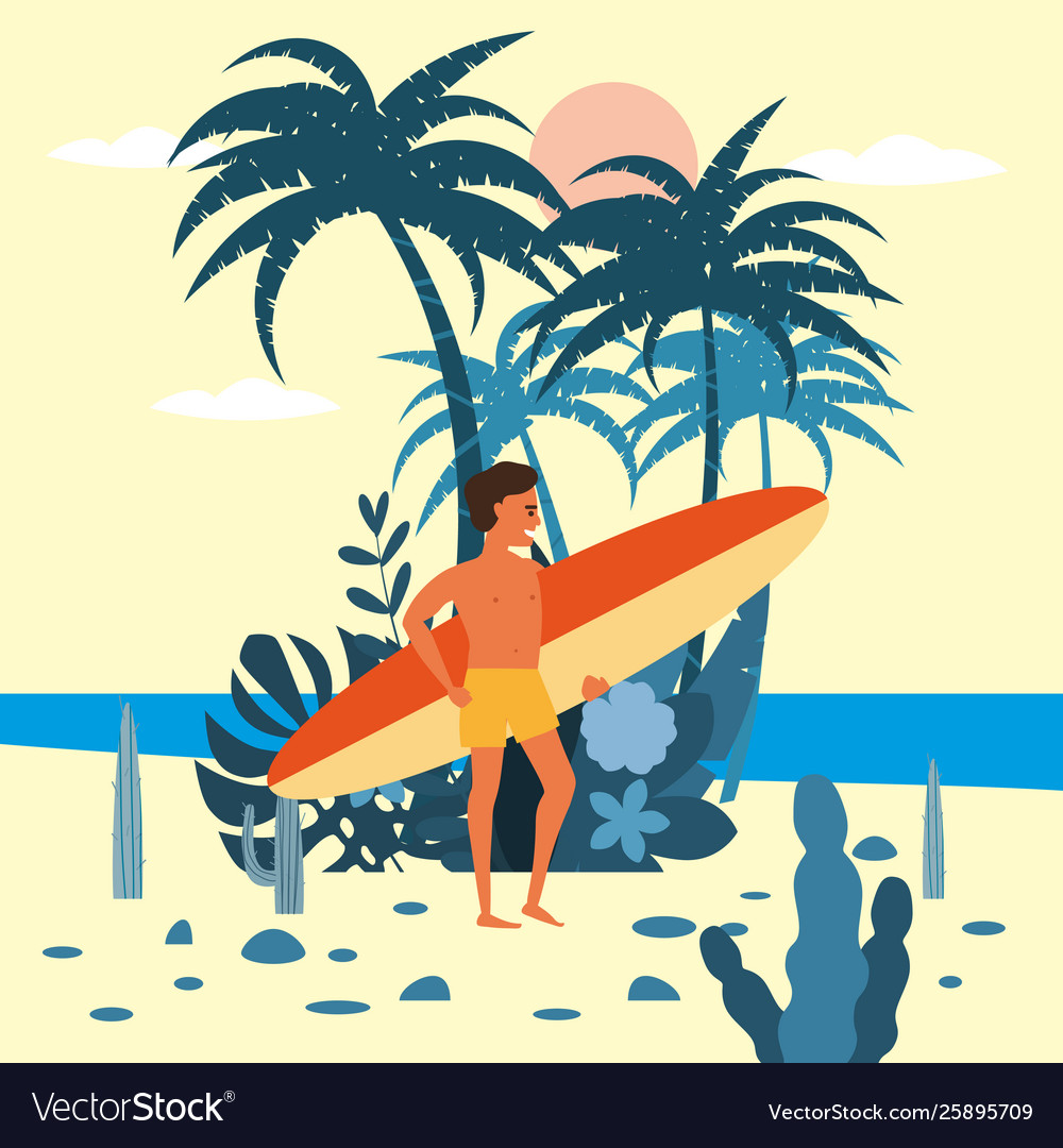 Men surfer character with surfboard in shorts