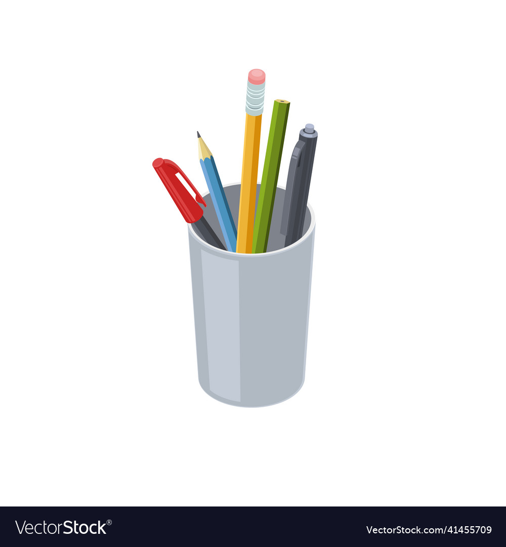 Pencils and pens in desktop holder office Vector Image