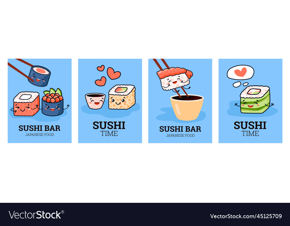 Sushi food cards or banners with cute kawaii